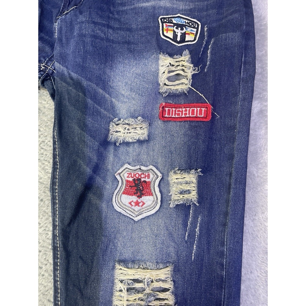 Dishou Jeans Men's 33X28 (Tag 36) Distressed Patched Splatter‎ Ripped Slim Blue - Picture 5 of 16